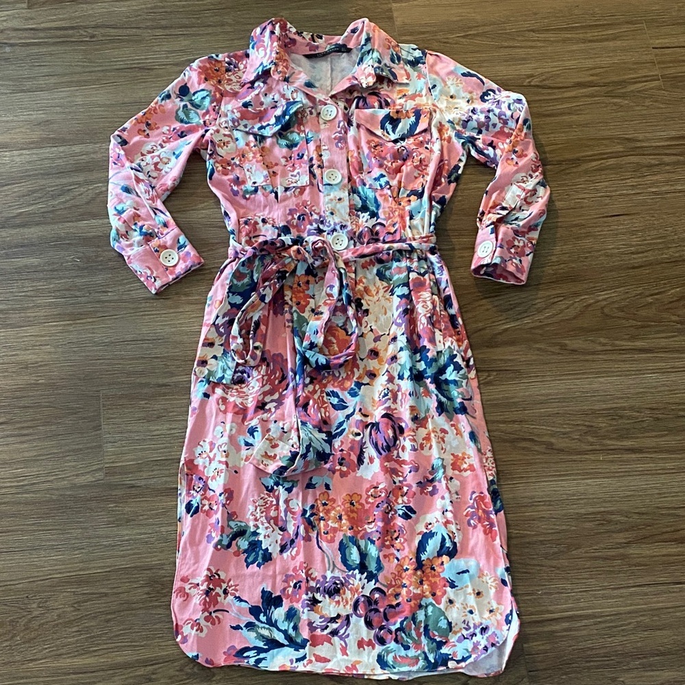 Zara Blogger favorite pink floral tie waist midi dress size S retro shirt dress - Picture 2 of 9